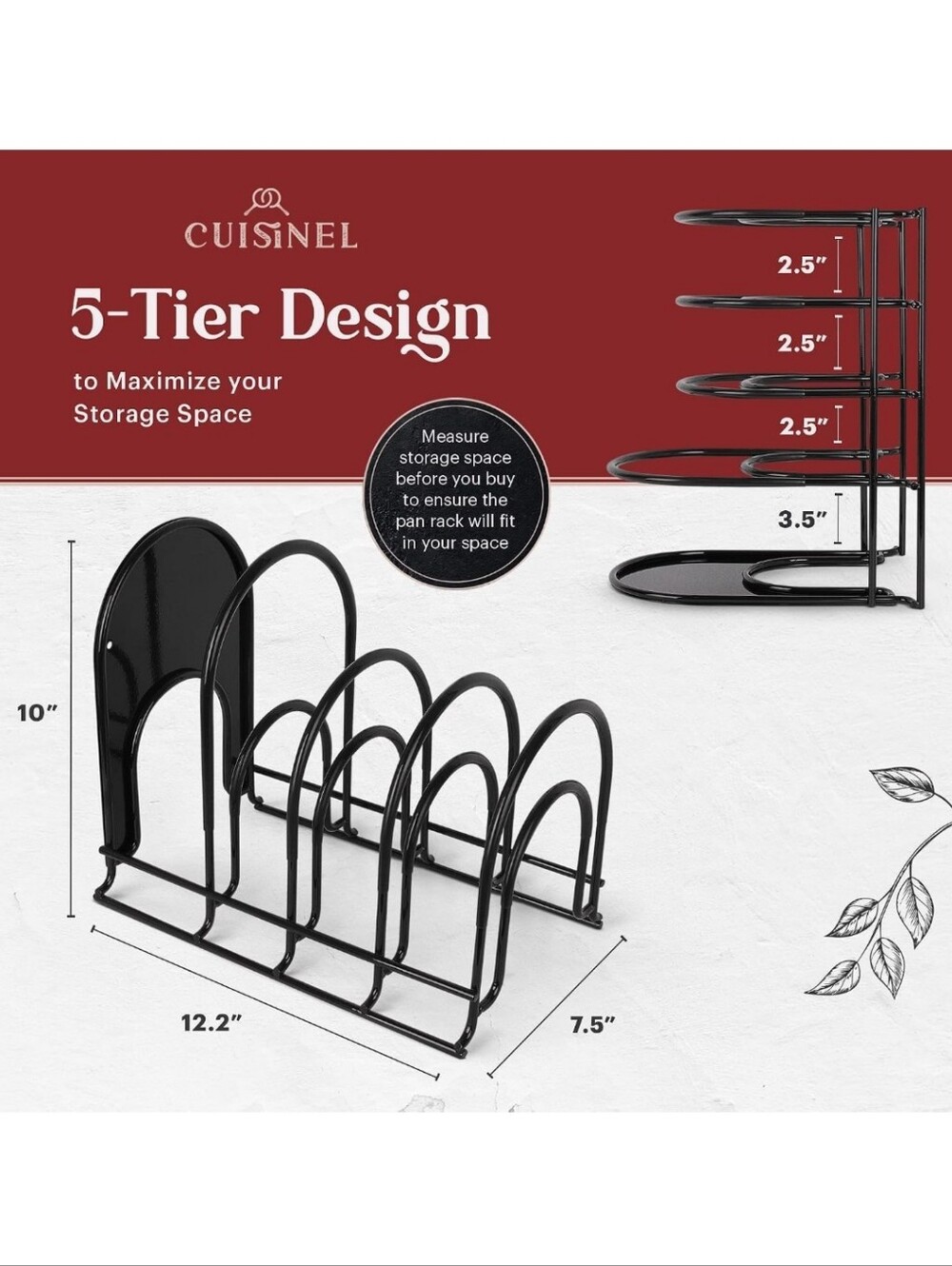 Cuisinel Pan Organizer for Cast Iron Skillets, Griddles, 5-Tier Rack, Black 12.2